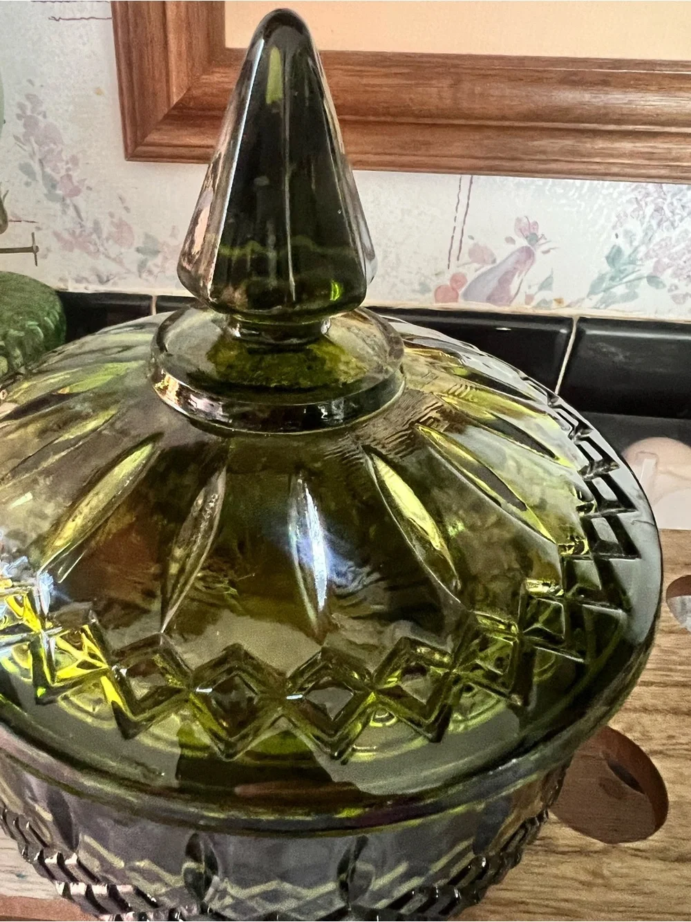 Vintage Indiana Glass candy dish in the Princess pattern and avocado green